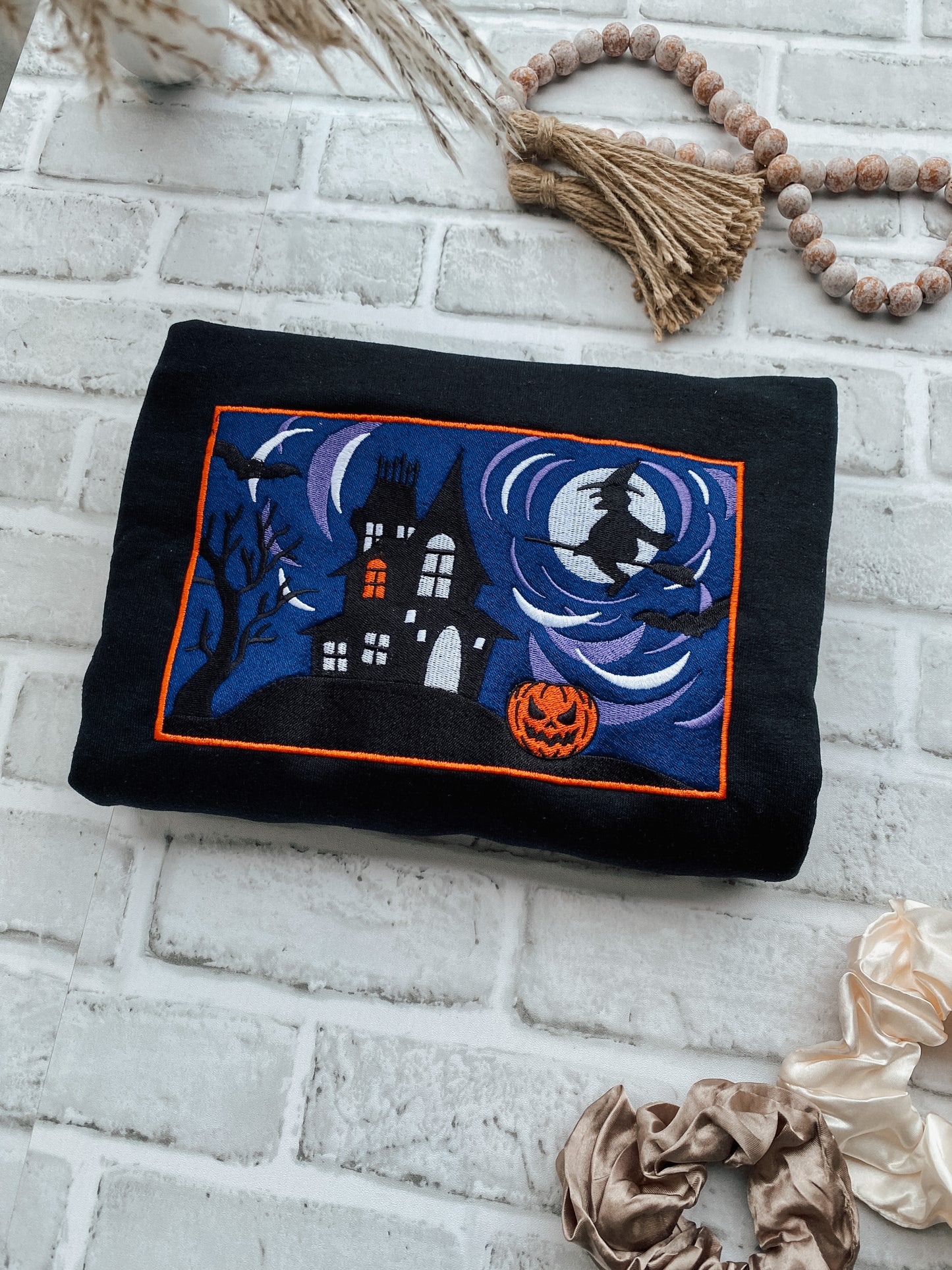 Halloween Haunted House Scene Crewneck | Embroidered Crewneck Sweatshirt