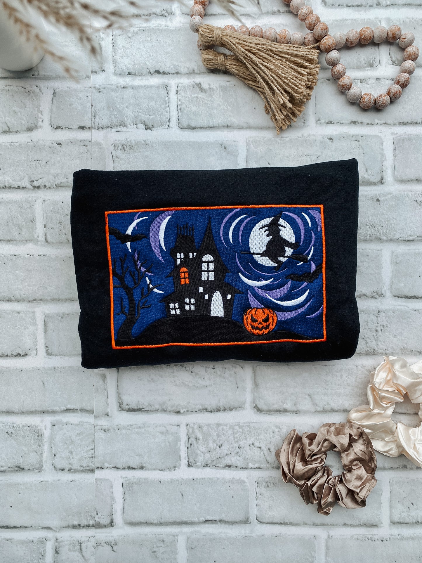 Halloween Haunted House Scene Crewneck | Embroidered Crewneck Sweatshirt