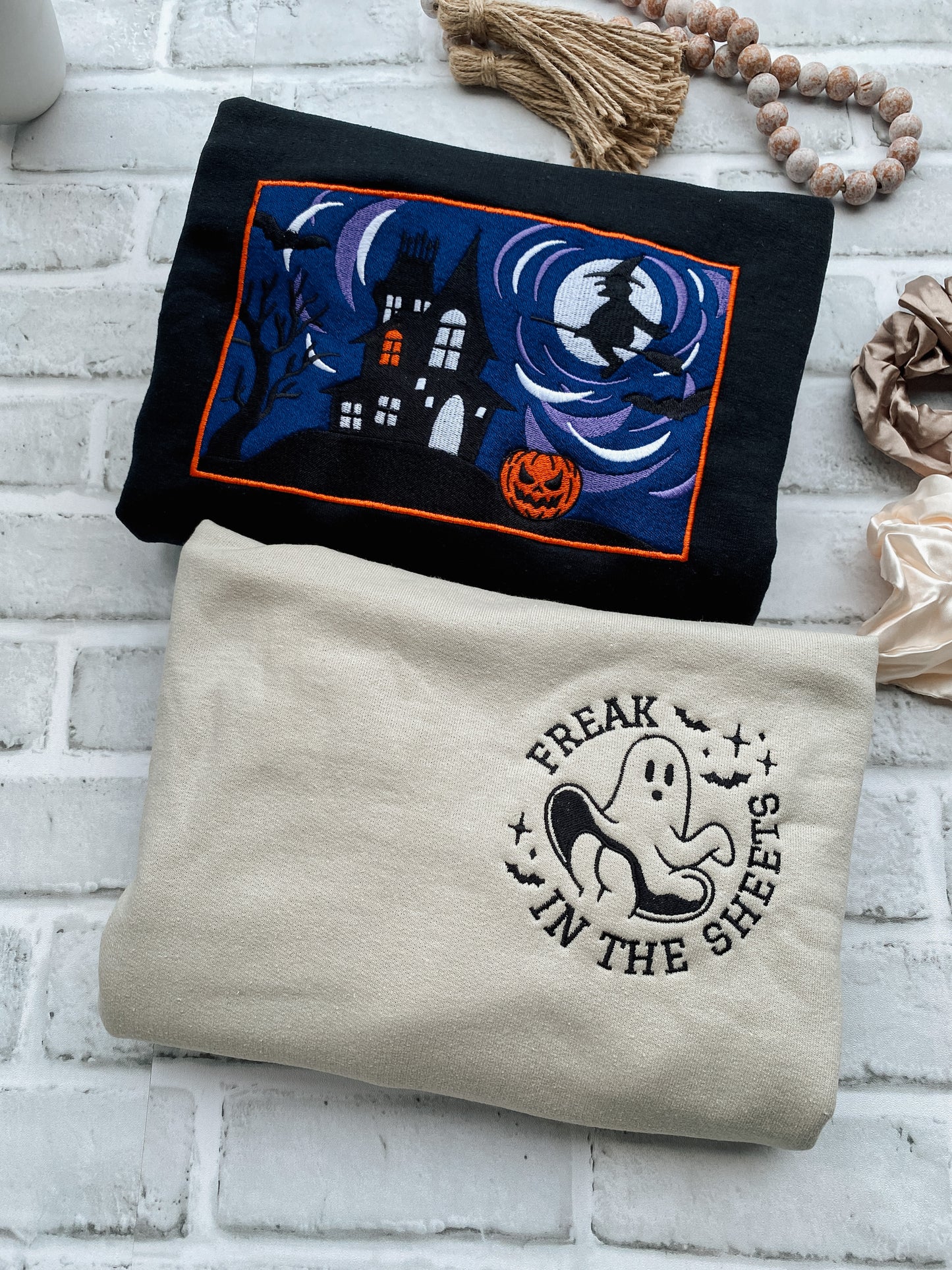 Halloween Haunted House Scene Crewneck | Embroidered Crewneck Sweatshirt