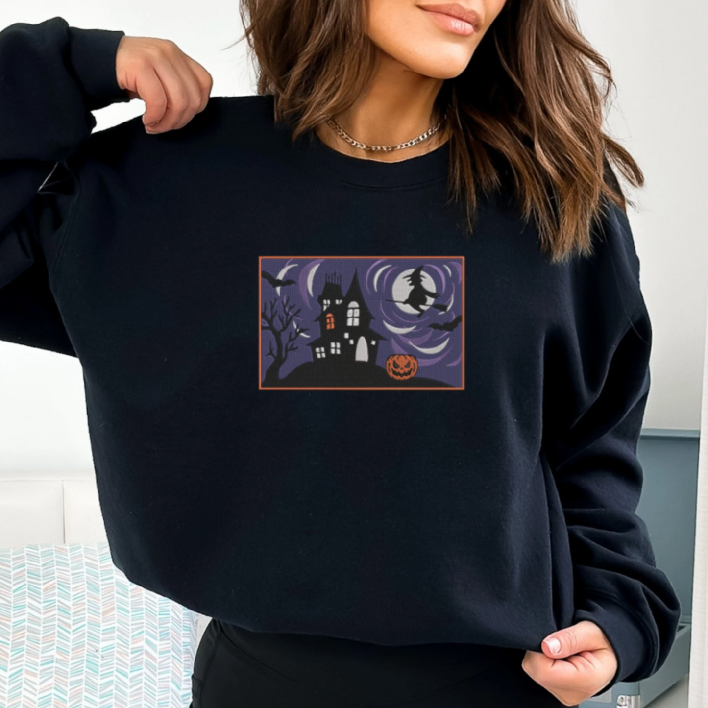 Halloween Haunted House Scene Crewneck | Embroidered Crewneck Sweatshirt