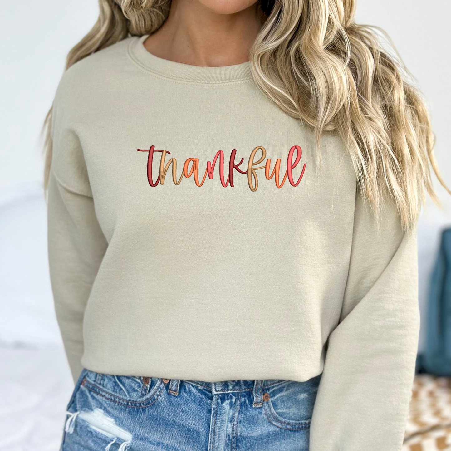 Thankful Script Crewneck | Embroidered Crewneck Sweatshirt