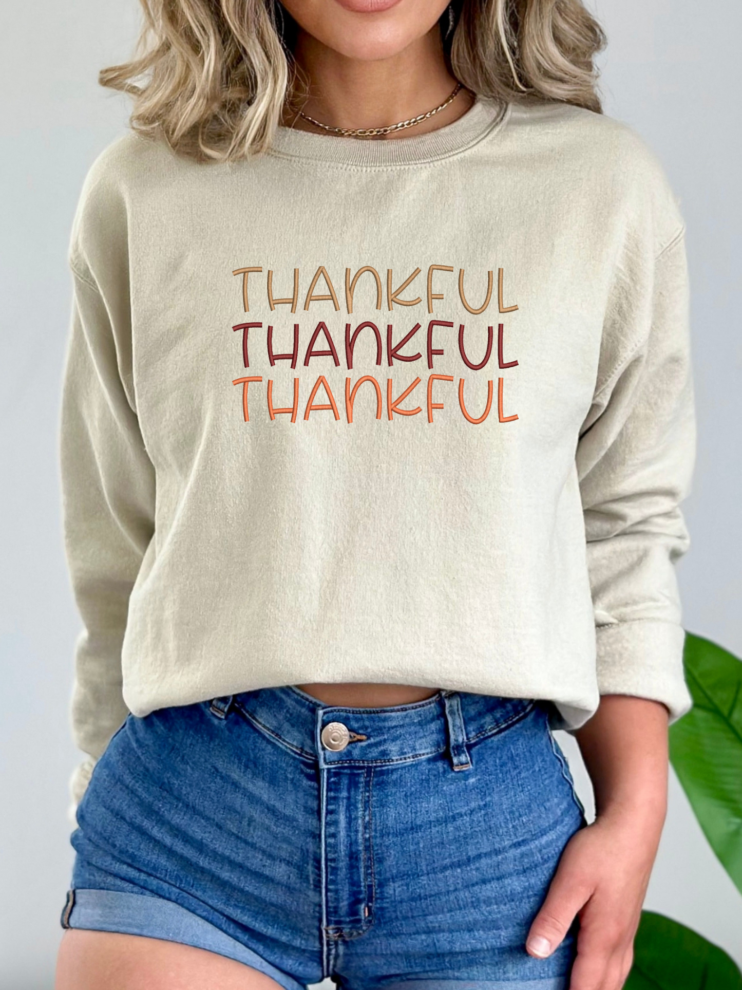 Thankful Thankful Thankful Crewneck | Embroidered Crewneck Sweatshirt