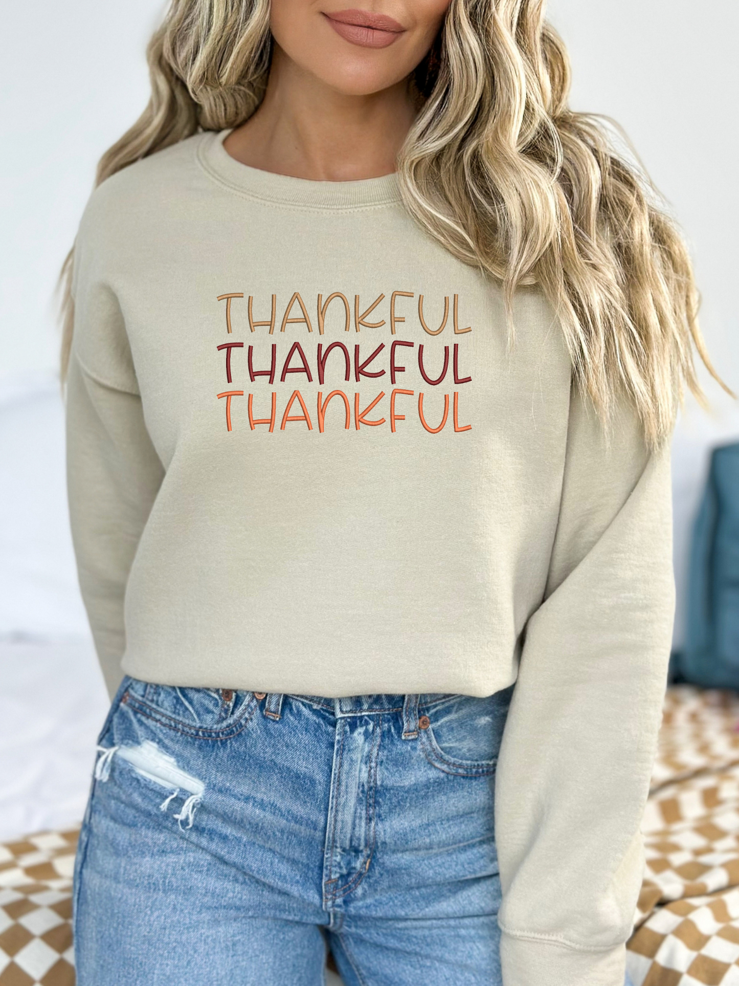 Thankful Thankful Thankful Crewneck | Embroidered Crewneck Sweatshirt