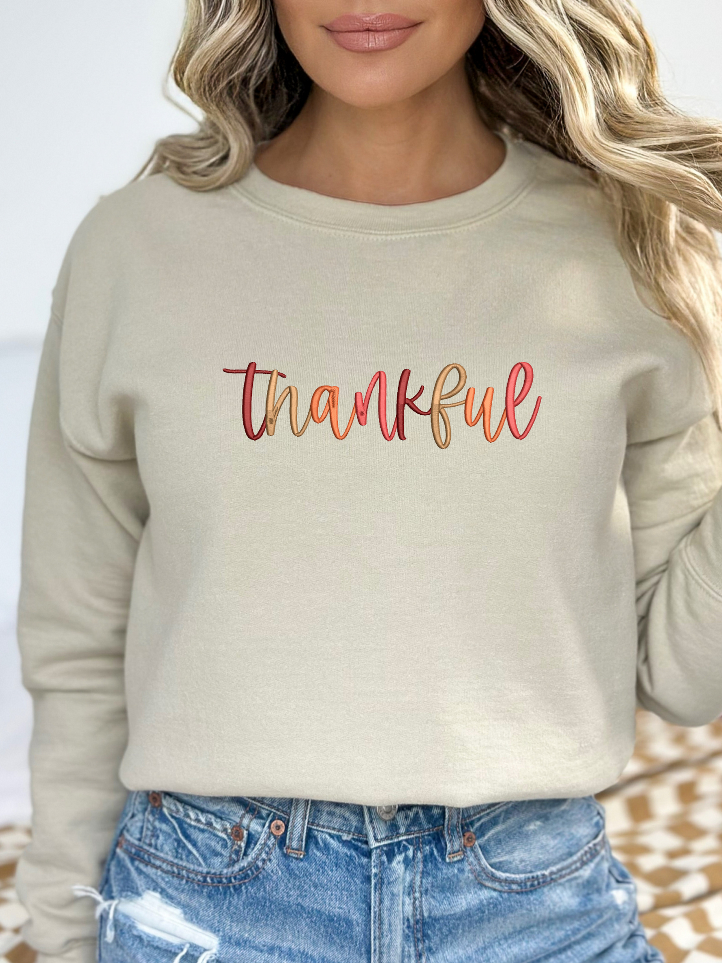 Thankful Script Crewneck | Embroidered Crewneck Sweatshirt